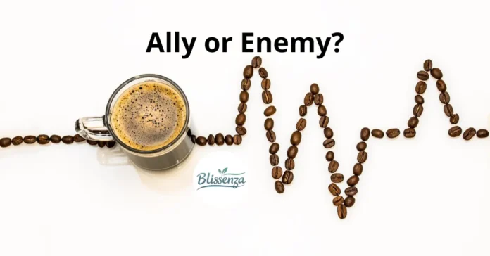 A cup of black coffee next to coffee beans arranged in a heart rate monitor line on a white background.