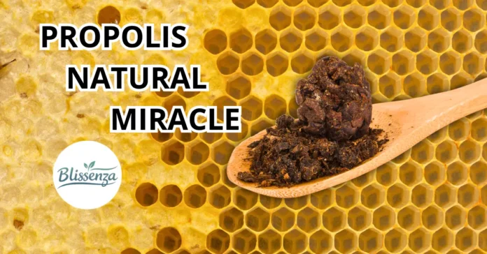 A wooden spoon holding raw propolis chunks and powder against a golden honeycomb background, with the text 'PROPOLIS NATURAL MIRACLE' and the Blissenza logo.
