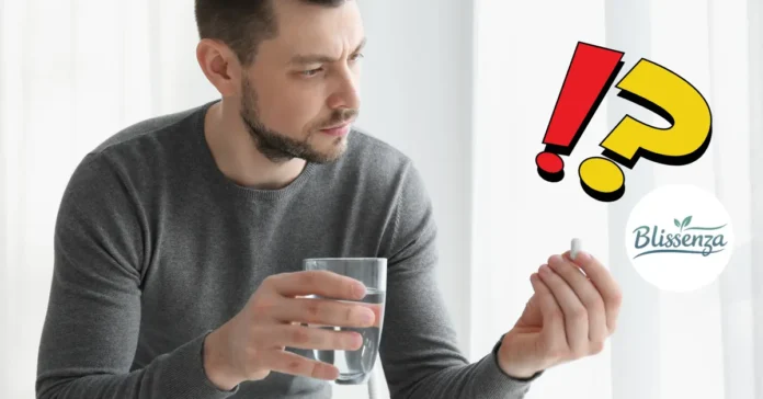 A concerned man holding a glass of water and looking at a white pill, with a large red exclamation point and yellow question mark illustration.