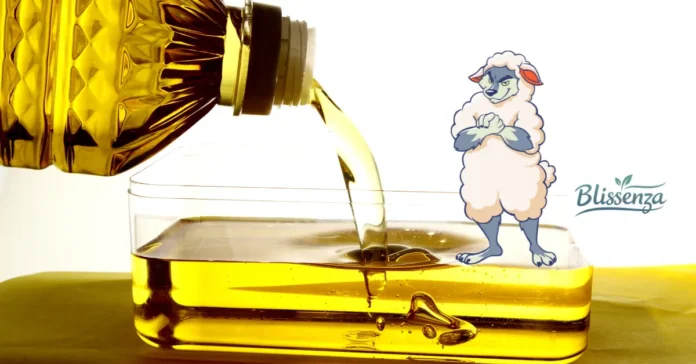 Golden vegetable oil being poured from a bottle into a container, featuring a cartoon illustration of a wolf dressed in sheep's clothing and the Blissenza logo.