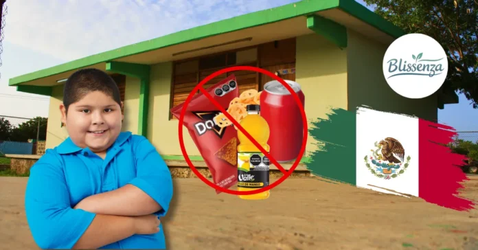 A smiling boy in a blue shirt standing in front of a school building in Mexico, with a prohibited sign over snacks and soda, the Mexican flag.