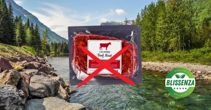 Lab-Grown Meat crossed out with a red X, with a beautiful Montana Background
