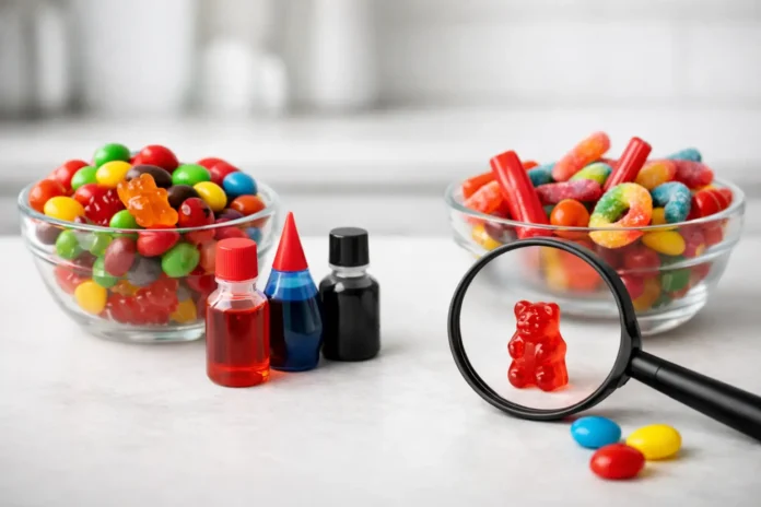 Bowls of brightly colored candies and bottles of red and blue food coloring, with a magnifying glass highlighting a red gummy candy, illustrating artificial food dyes in colorful processed foods.