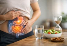 How Does Fasting Affect Digestion and Gut Health? Woman holding her abdomen with a glowing anatomical illustration of the stomach and intestines overlaid on her midsection, next to a glass of water, a bowl of fresh salad, almonds, and an hourglass on a wooden table.