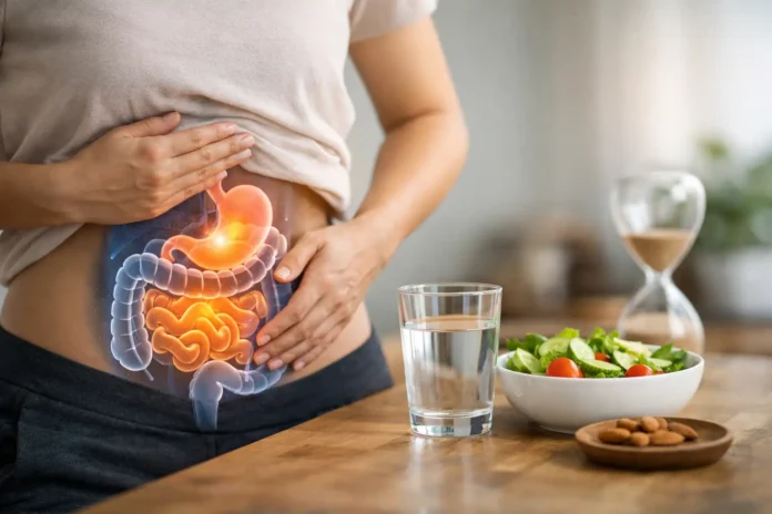how-does-fasting-affect-digestion Woman holding her abdomen with a glowing anatomical illustration of the stomach and intestines overlaid on her midsection, next to a glass of water, a bowl of fresh salad, almonds, and an hourglass on a wooden table.