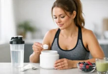 How Much Creatine Should Women Take Each Day? Woman putting a scoop of creatine in her water