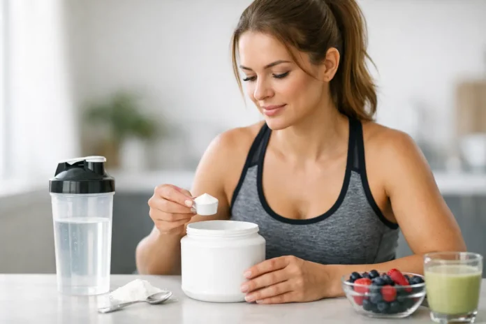 Woman putting a scoop of creatine in her water