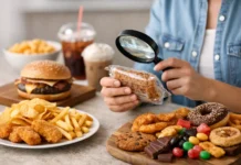 How to identify ultra processed foods easily Assorted ultra-processed foods, including packaged snacks and processed products, illustrating how to identify foods with high levels of processing.