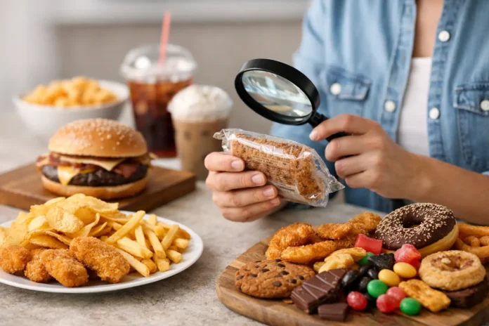 Assorted ultra-processed foods, including packaged snacks and processed products, illustrating how to identify foods with high levels of processing.