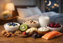 10 Best Foods to Eat Before Bed for Better Sleep Healthy foods for nighttime eating, including yogurt with blueberries, oatmeal, milk, cherries, kiwi, bananas, nuts, cottage cheese, dark chocolate, and salmon, arranged on a wooden table in a cozy bedroom setting.