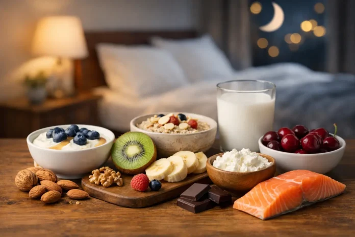 best-foods-to-eat-before-bed Healthy foods for nighttime eating, including yogurt with blueberries, oatmeal, milk, cherries, kiwi, bananas, nuts, cottage cheese, dark chocolate, and salmon, arranged on a wooden table in a cozy bedroom setting.