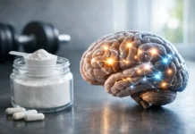 Creatine Brain Benefits and What to Expect A glass jar of creatine powder and capsules sits beside a human brain with glowing neural connections, symbolizing the potential benefits of creatine for brain health and cognitive function.