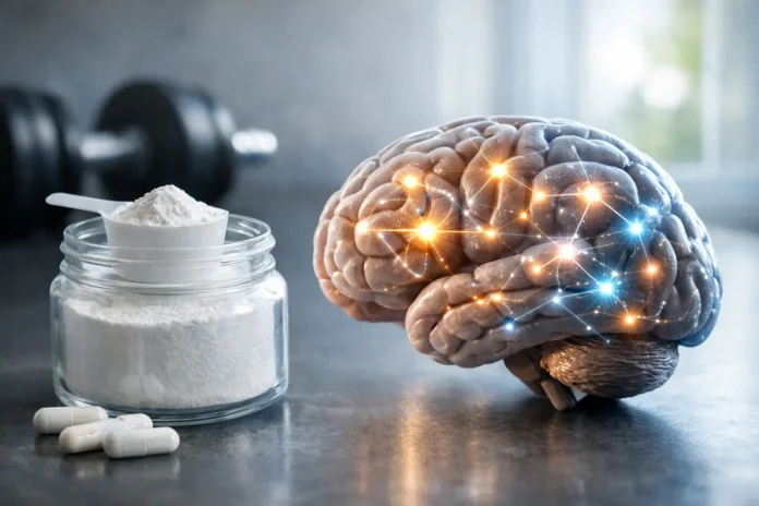 creatine-brain-benefits A glass jar of creatine powder and capsules sits beside a human brain with glowing neural connections, symbolizing the potential benefits of creatine for brain health and cognitive function.