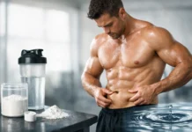 Creatine Water Retention: What Really Happens A muscular man at a gym examines his abdomen while standing beside a shaker bottle, water, and creatine powder, illustrating creatine use and potential water retention.
