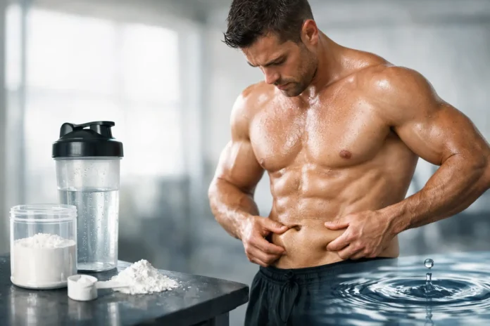 A muscular man at a gym examines his abdomen while standing beside a shaker bottle, water, and creatine powder, illustrating creatine use and potential water retention.