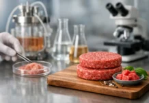 Is Lab Grown Meat Safe? Why We Prefer the Real Thing Lab-grown meat patties on a wooden cutting board in a laboratory, with cultured meat samples, glass containers, and a microscope in the background.