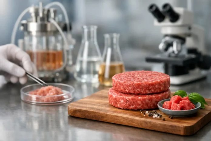 Lab-grown meat patties on a wooden cutting board in a laboratory, with cultured meat samples, glass containers, and a microscope in the background.