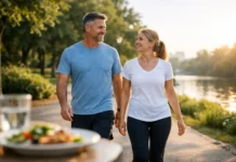 Walking After Meals: A Simple Metabolic Reset A middle-aged couple walks together along a tree-lined path beside a lake, with a healthy meal visible in the foreground.
