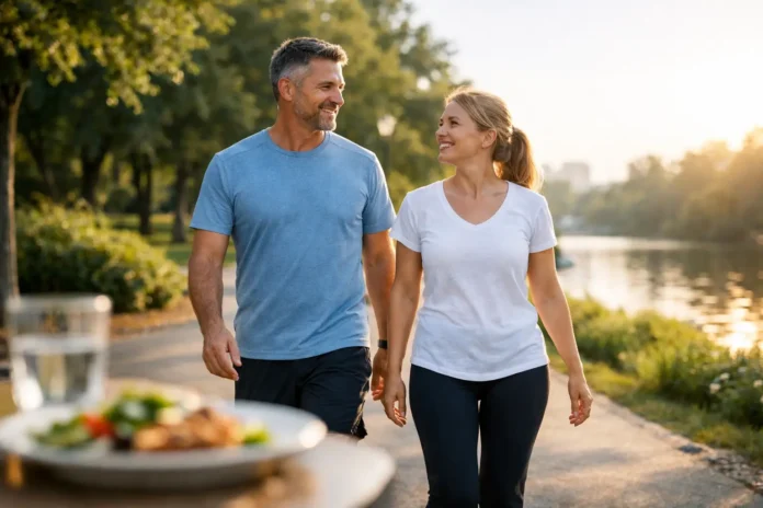 walking-after-meals A middle-aged couple walks together along a tree-lined path beside a lake, with a healthy meal visible in the foreground.